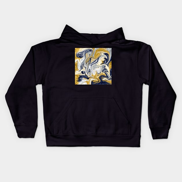 Trendy cool stylish gold yellow navy blue liquid marble abstract swirl pattern Kids Hoodie by galaxieartshop